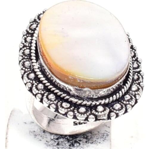 Genuine Mother Of Pearl Ring Silver Overlay over Copper , Hand Made Women Jewelry gift , Size: 8.25