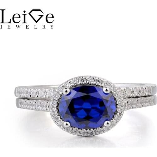 Leige Jewelry Blue Sapphire Ring Anniversary Ring September Birthstone Oval Cut Blue Gemstone 925 Sterling Silver Bridal Sets