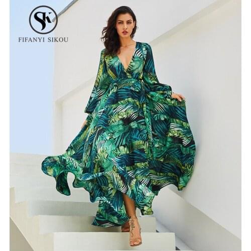 2019 Spring Summer Lady Party dress Fashion Print V-Neck Long Dress women Loose Plus size Casual Long sleeve Dresses Elegant