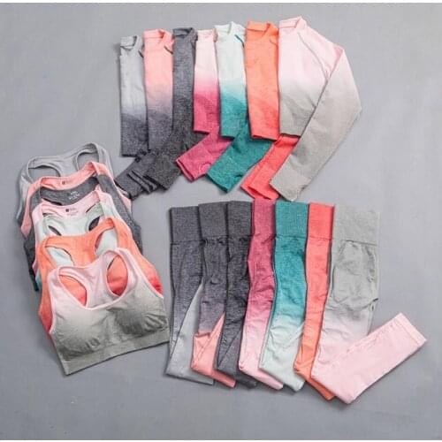 3/2 pcs Women Seamless Yoga Set Gym Ombre High Waist Leggings+bra+long sleeve crop Top Suit Fitness Workout Sportswear Suit