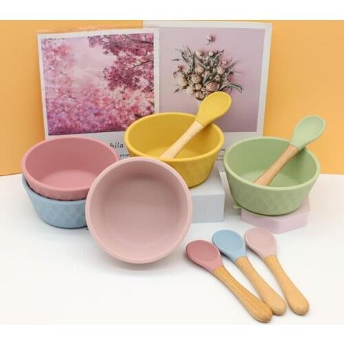 3 Pcs Baby Food Grade BPA-Free Silicone Suction Feeding Bowl Spoon Fork Set Non-slip Dishes Utensil Tableware for Newborn