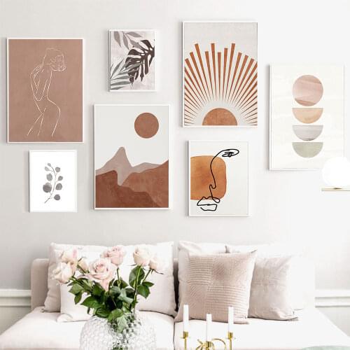 Boho Botanical Poster Neutral Abstract Canvas Painting Landscape Line Face Art Print Sun Wall Picture For Living Room Home Decor
