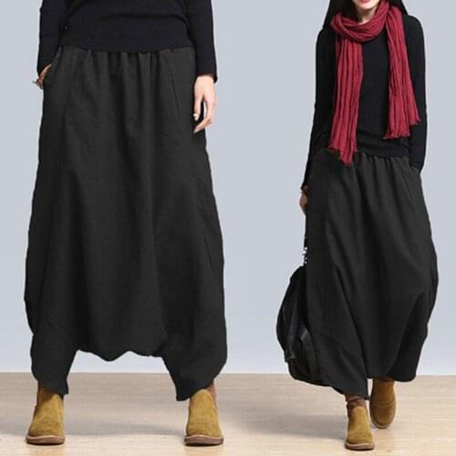 Autumn Women Casual Linen Harem Pants Baggy Bottoms Fashion Solid Low Crotch Female Pants Drawstring Pockets Trousers