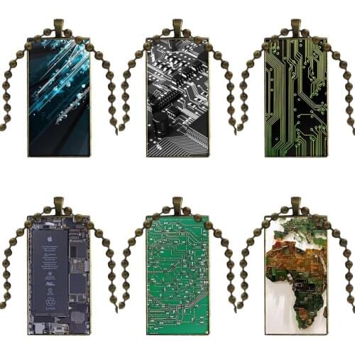 For Child Computer Battery Circuit Board Glass Cabochon Jewelry Bronze Color With Long Pendant Choker Rectangle Necklace