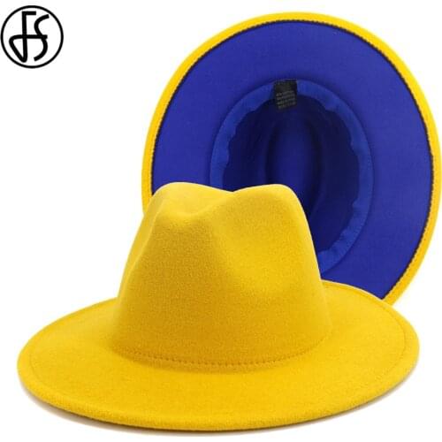 FS Fashion Yellow Royal Blue Patchwork Felt Hat Women Men Wide Brim Wool Jazz Fedora Hats Panama Trilby Cap Trend Gambler Hat