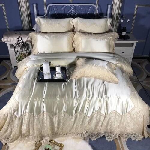 Noble White 80S Egyptian cotton Tencel Silky Embroidered Bedding sets Queen King Luxury Lace Edge Duvet cover Bed sheet set 4pcs