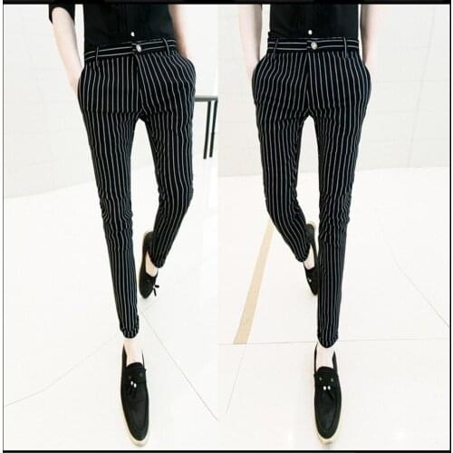 Summer Korean Men Slim Nine Pants Feet Pants Pantyhose England Striped Pencil Pants Casual Trousers Hairstylist Singer Costumes