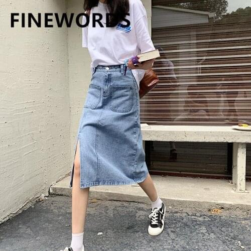 FINEWORDS Summer High Waist Split Jeans Skirt With Two Pocket Casual A Line Harajuku Skirt Plus Size Blue Denim Vintage Skirts
