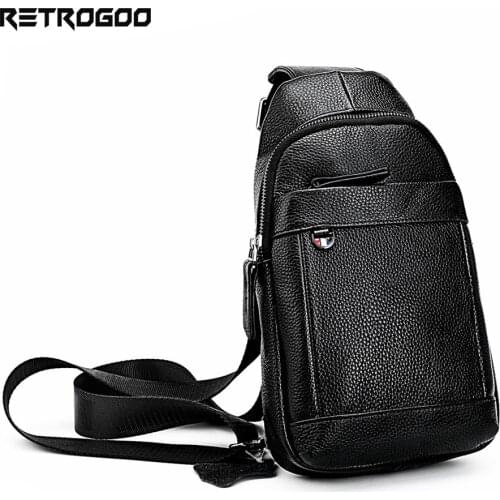 RETROGOO Top Quality Genuine Leather Men Casual Chest Bag Travel Triangle Crossbody Bag Luxury Cowhide Phone Pouch Shoulder Bag