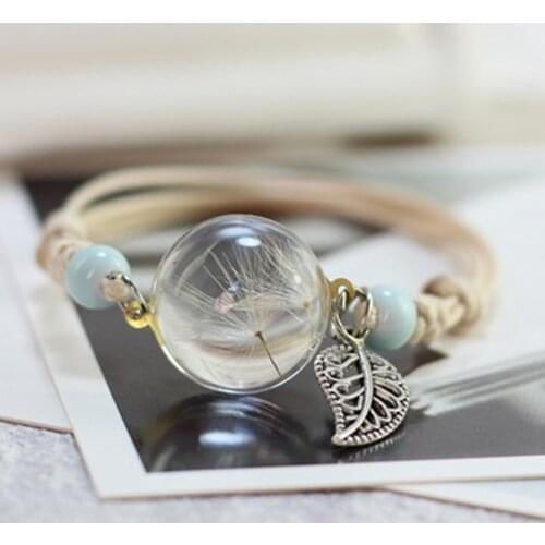 New Boho Vintage Charm Bracelet Handmade Real Dry Flower Glass Ball Weave Adjustable Bracelets Bangle for Women Fashion