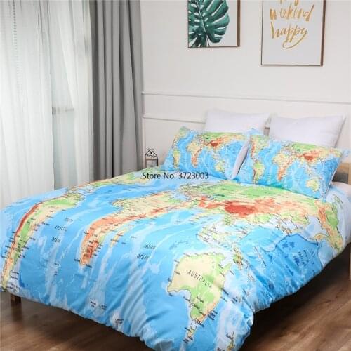 Blue World Map Down Quilt Cover Pillowcase Children Adult Bedroom Single Double King Queen Size 2-3 Pieces Home Textiles
