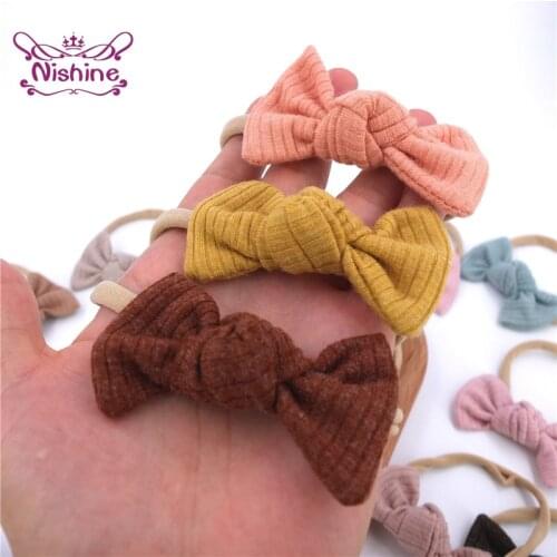 Soft Skin-friendly Knitting Cotton Bowknot Headband Solid Color Striped Bows Elastic Nylon Hairband Baby Headwear Birthday Gifts