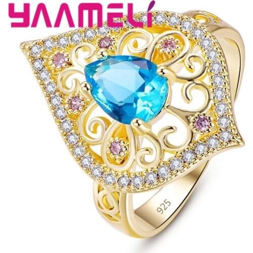 Retro Jewelry Colorful Crystal CZ Stone Ring Luxury Hollow 925 Sterling Silver Leaf Ring For Party Wedding Jewelry Size 6-10