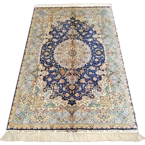 Seeykeep™ 4x6ft Silk Handknotted Rug With Stunning Central Medallion Floral Design Indigo Backcolor-NY3016008