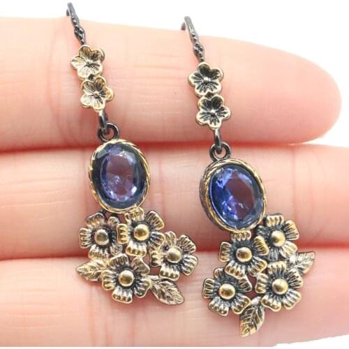 21x19mm 15.7g Vintage Jewelry Ring for Women Gothic Created London Blue Topaz Color Punk Hollow Black Gold Silver Ring