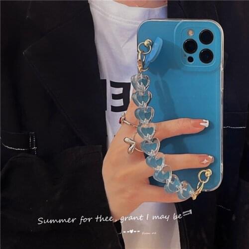 INS Lake Blue Love Wrist Chain Hand Strap Case for iPhone 12Mini 11pro Max X Xs Max Xr 7 8Plus SE2 fashion Shockproof TPU Cover