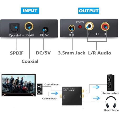 3.5mm RCA Digital to Analog Converter Stereo Audio Signal Amplifier to Analog DAC Fiber Optic Decoder spdif Coaxial Cable for TV