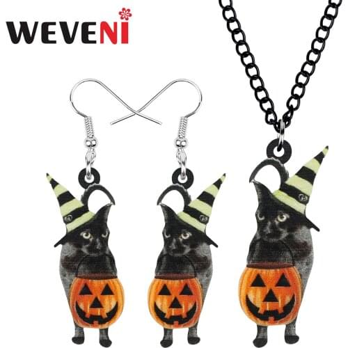 WEVENI Acrylic Halloween Pumpkin Head Cat Jewelry Sets Cute Kitten Animal Earrings Necklace For Women Kids Girl Gift Accessories
