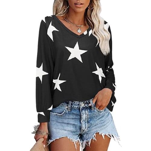 Women Autumn and Winter Loose Long Sleeved V-Neck Stars Printing T-Shirts Casual Ladies Tops Plus Size