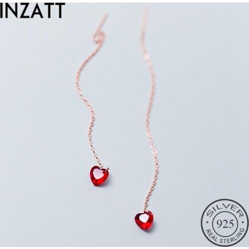 INZATT Real 925 Sterling Silver Romantic Drop Earrings For Women Wedding Rose Gold Color Long Chain Tassel Red Heart Pendant