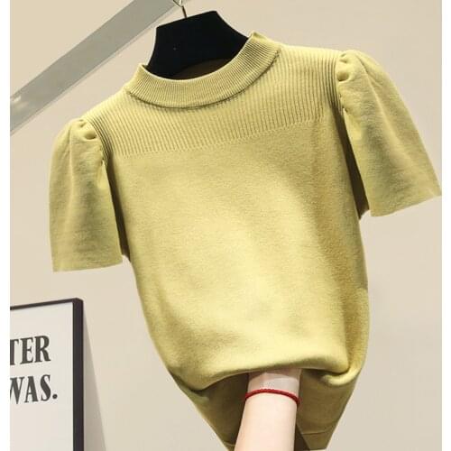 2021Fashion O collar Solid color sweater bottoming shirt womens Puff sleeve thin pullover summer Ice silk Short sleeve