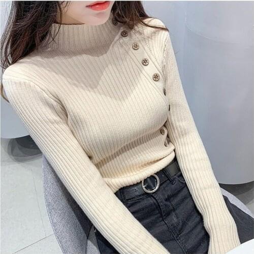 Women Knitted Sweater Autumn Solid Color Female Cotton Soft Elastic Pullovers Button Full Sleeve Turtleneck Bottom Tops Girls