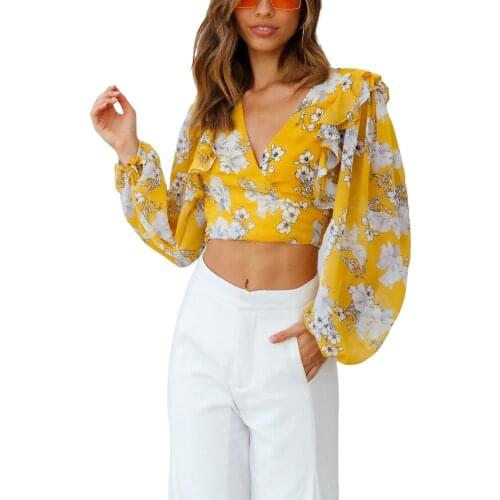 Women Polyester Casual Floral Print Crop Tops Long Lantern Sleeve Wrap V-Neck Tie Knot Back T-Shirts