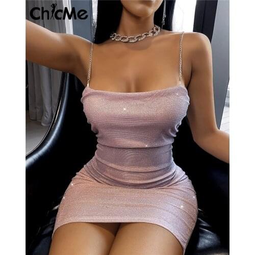 Chicme Summer Women Mini Solid Glitter Chain Spaghetti Strap Ruched Bodycon Dress Party Elegant Vestidos Night Out Sexy