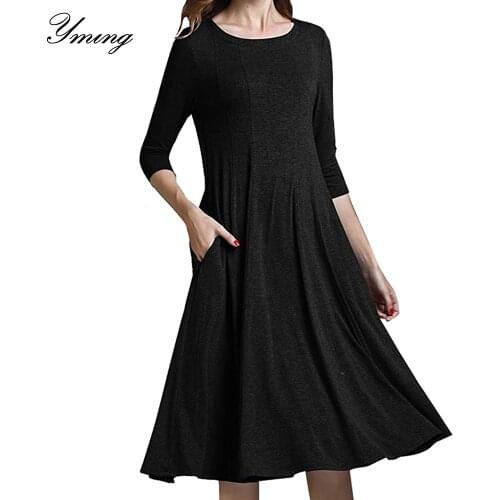 Yming 3/4 Sleeve Pockets Women Midi Dress Ruched Party Elegent Office Dresses Black Vestidos O Neck Beach Sundress Casual Dress
