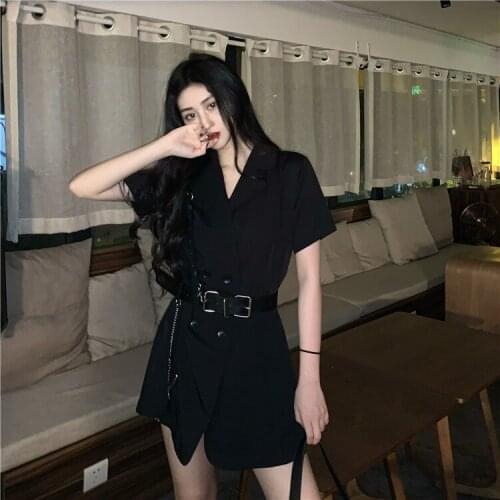 2020 Summer New Women Vintage Blazer Dress Double Breasted With Belt Fashion Short Dresses Female Punk Black A-line Dress