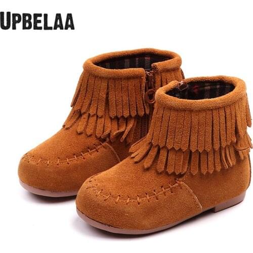 Winter Fringe Girls Ankle Boots Fur Plush Warm Children Princess Shoes Baby Girl Toddler Snow Boots Kids Shoes Suede Zip Design