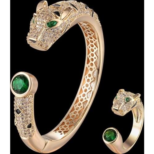 Zlxgirl Luxury brand Big Green cubic zircon leopard wedding bangle with ring jewelry sets for women and men anniversary jewelry