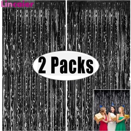2Pack 1X2M Metallic Foil Tinsel Fringe Curtain Backdrop Birthday Wedding Bachelorette Party Decoration Adult Graduation Black