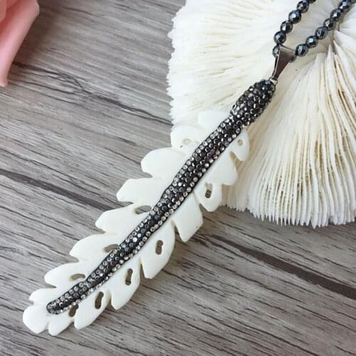 5 Strands Hematite beads necklace,Unique bone feather Pendant pave Crystal Rhinestone necklaces NK204