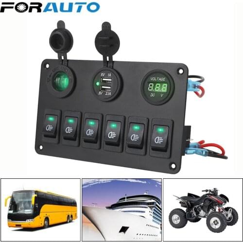 6 Gang Rocker Switch Panel Car Marine Circuit Breaker ON/OFF Lights LED Digital Voltmeter DC 12V/24V For Car Marine RV SUV Yacht