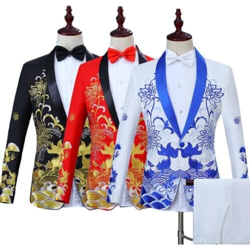 Blazer men suit set with pants mens wedding suits singer star style stage clothing Fish embroidery formal dress Chinese style
