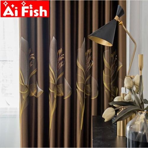 Coffee Satin Texture Lily Embroidery Window Treatment Blackout Curtains for Bedroom Luxury Living Room Blinds Drapes ZH44#4