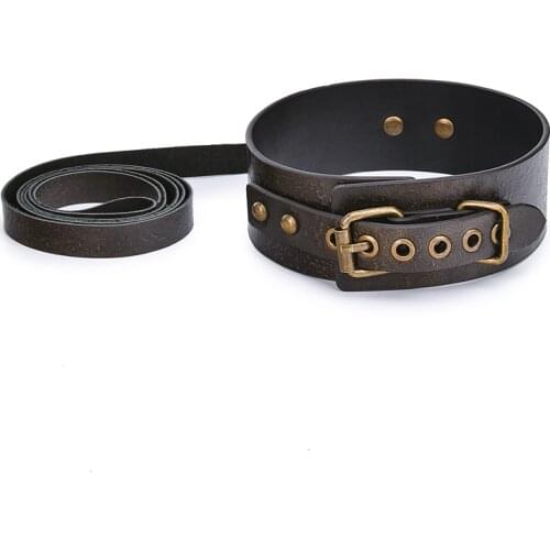 Brown Vintage Genuine Leather Sex Bdsm Collar With Leash Slave Bondage Collar Bdsm Fetish Sex Toys For Woman Couples Sm Toys