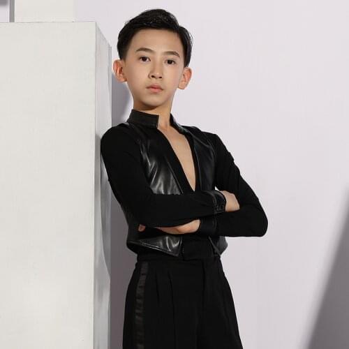 New 2021 Latin Dance Boys V-Neck Performance Costumes Long Sleeve Bodysuit Ballroom Competition Clothes Dancewear Handsome G5036