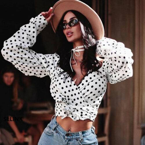Hot Women Mesh Sheer Blouse See-through Long Sleeve Crop Top Shirt Blouse Fashion Dots Printed White Lace Up Shirt Female Blusas