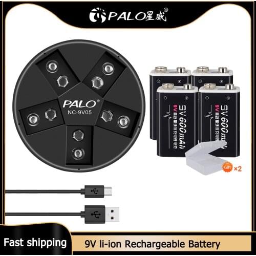 PALO 600mAh 9V li-ion Rechargeable Battery 9 v lithium for Multimeter Microphone Toy Remote Control KTV use 9v Batteries