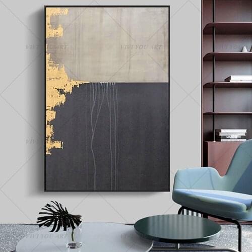 Fashion 100% Handmade Abstract Golden Black Gray Oil Painting for Living Room Modern Painting wall decor picture art Gift