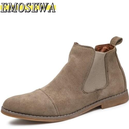 EMOSEWA Brand Vintage Basic Sand Color Men Suede Chelsea Boots Natural Leather Zip Pointed Toe Formal Ankle Boots Men Wood Sole