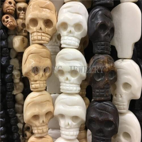 MY0761 32x23mm Multi Color Skull Carved Bone Beads,Skull Head Shape Drilled Beads,OX Bone Beads 13Pcs /Lot