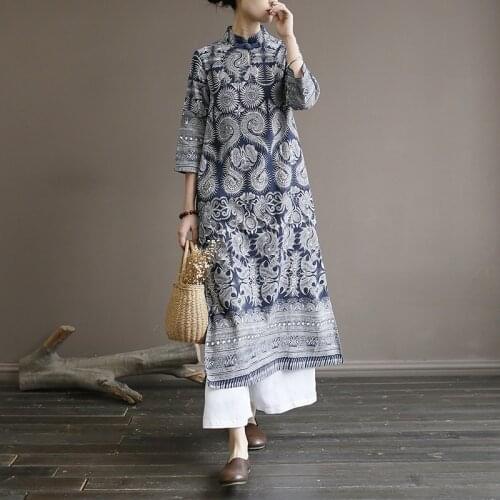 Spring and Summer New Womens Dress Retro Disc Button Batik Style Blue and White Porcelain Zen Loose Dress