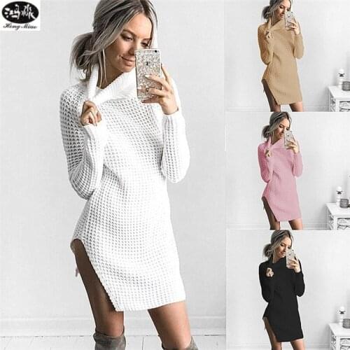 HongMiao 2018 Winter New Casual Lady Wool Dress Solid Color High Collar Long Sleeve Knit Wool Split Dress Female C69