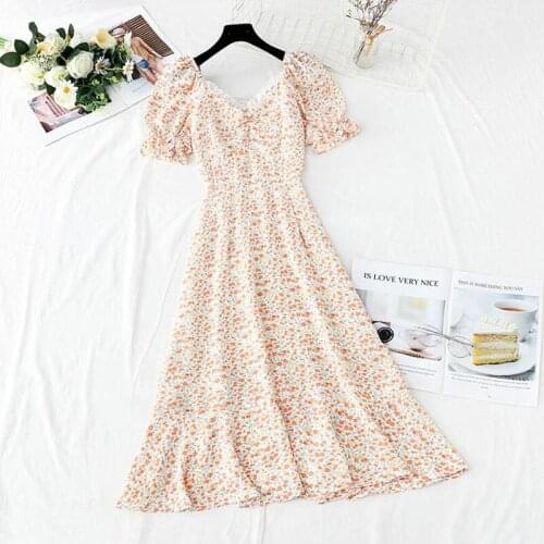 Floral Print Summer Dress Women Elegant Puff Sleeves Square Collar Ruffles Midi Dress Female High waist Chiffon Dresses
