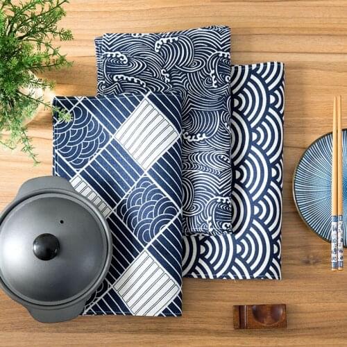 Cotton Linen Rectangular Place Mat Japan Style ukiyoe Grid Coasters Weave Pattern Placemat Kitchen Home Decoration Table Mat