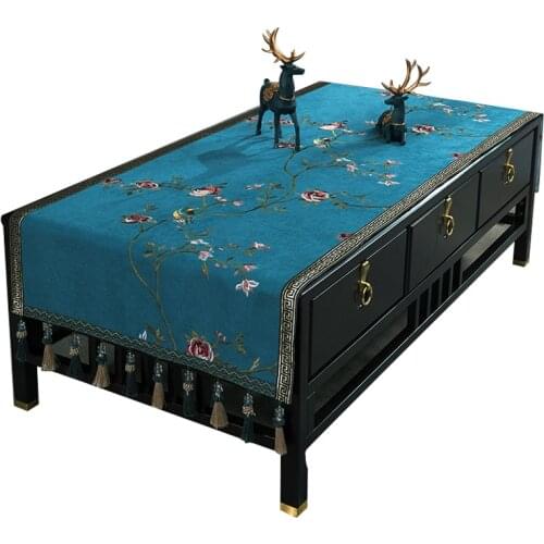 Custom Fine Embroidery Peony Flower Dust Covering Cloth Tea Side Table Cloth Dining Living Room Rectangle Dustproof Covers