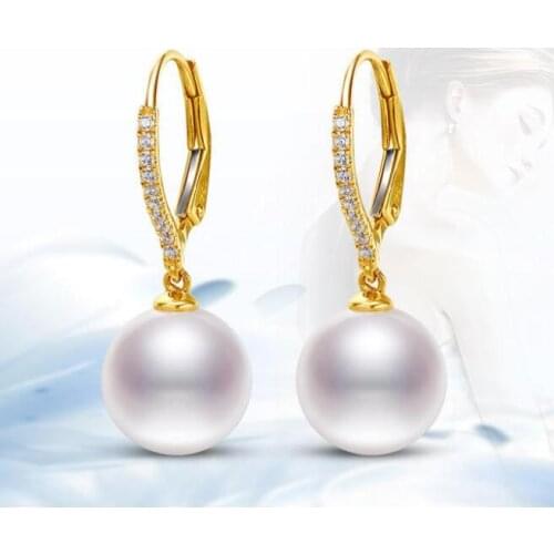 Gorgeous AAA9-10mm round south sea white pearl dangle earring 18k diamond
